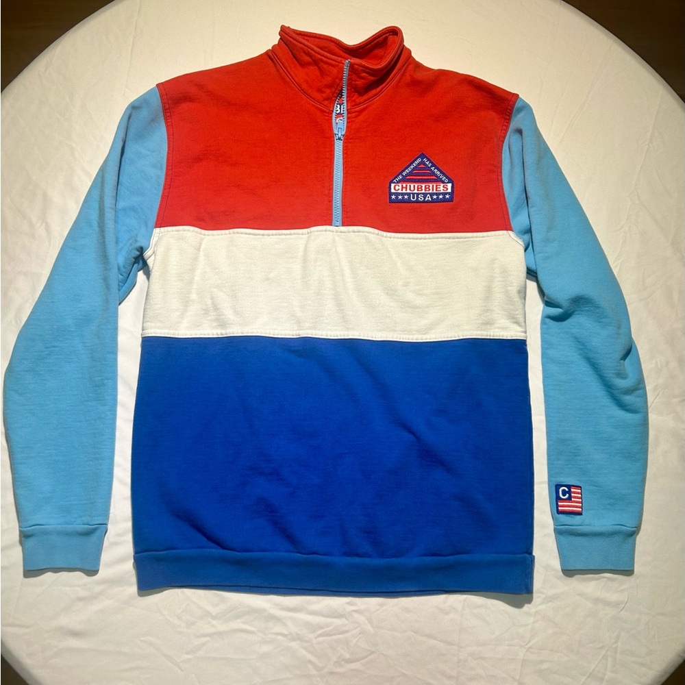 Chubbies Red, White & Blue Quarter Zip Sweater Sporty Colorblock Design - Medium